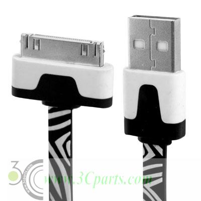 Zebra Pattern Flat Noodle USB Sync Data and Charging Cable for iPhone 4 4S iPad iPod