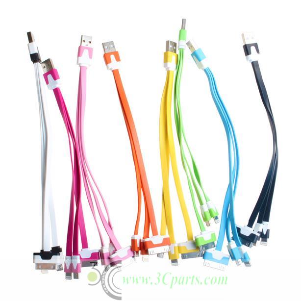 3 in 1 Colorful Flat Cable 8 Pin 30 Pin Micro USB to USB 2.0 Charger Cable Adapter for iPhone 4 5