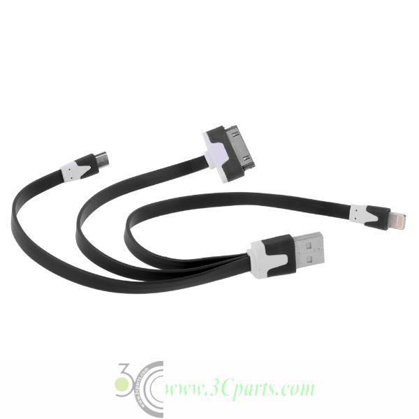 3 in 1 Flat Cable 8 Pin 30 Pin Micro USB to USB 2.0 Charger Cable Adapter for iPhone 4 5