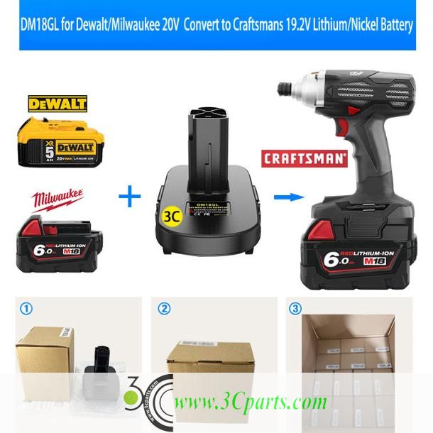 DM18GL Battery Adapters Converter Suitable for 20V Dewalt or Milwaukee Convert to Craftsmans 19.2V Lithium Battery or Ni